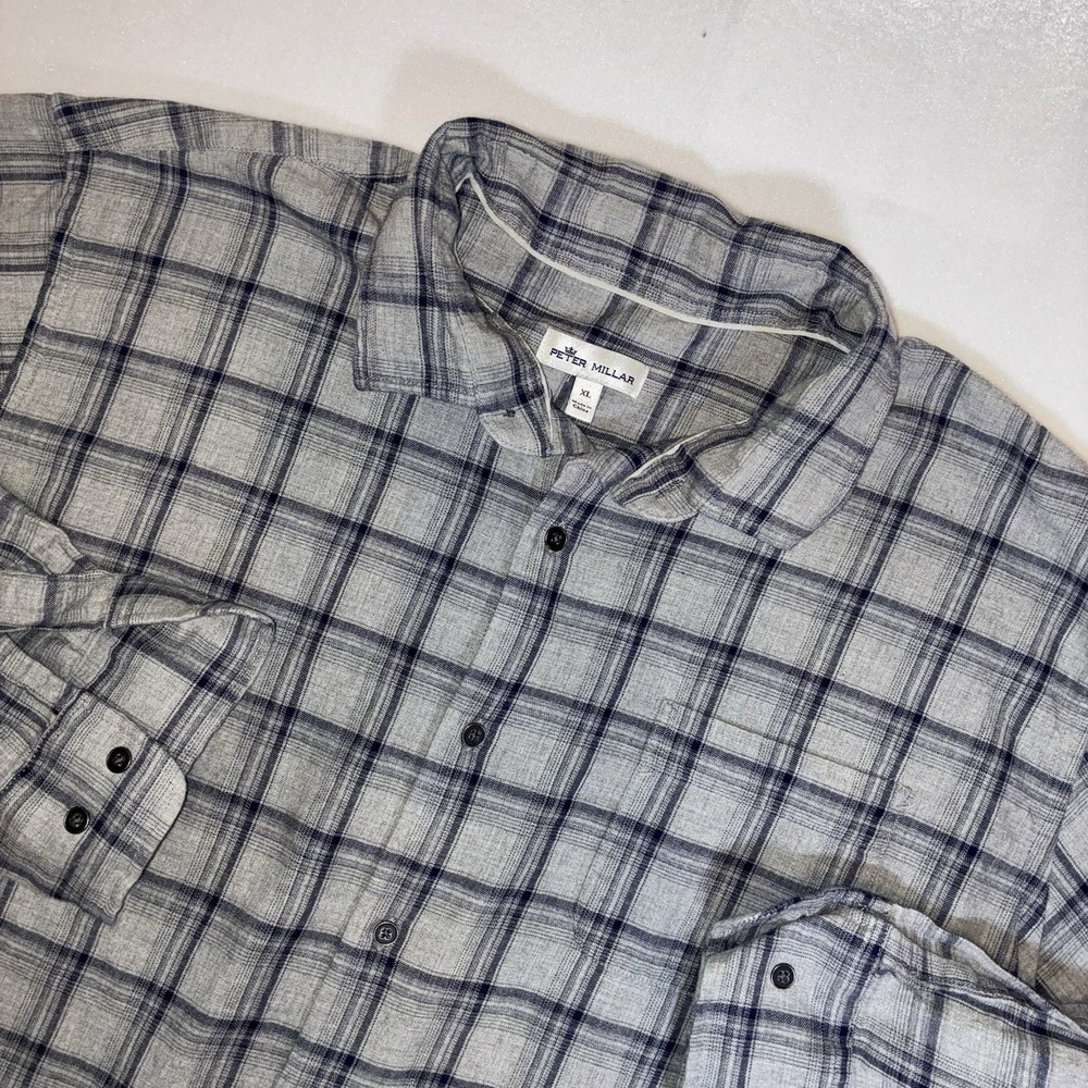 Peter Millar Button Down Mens XL Grey Blue Plaid Long Sleeve Luxury Casual Shirt